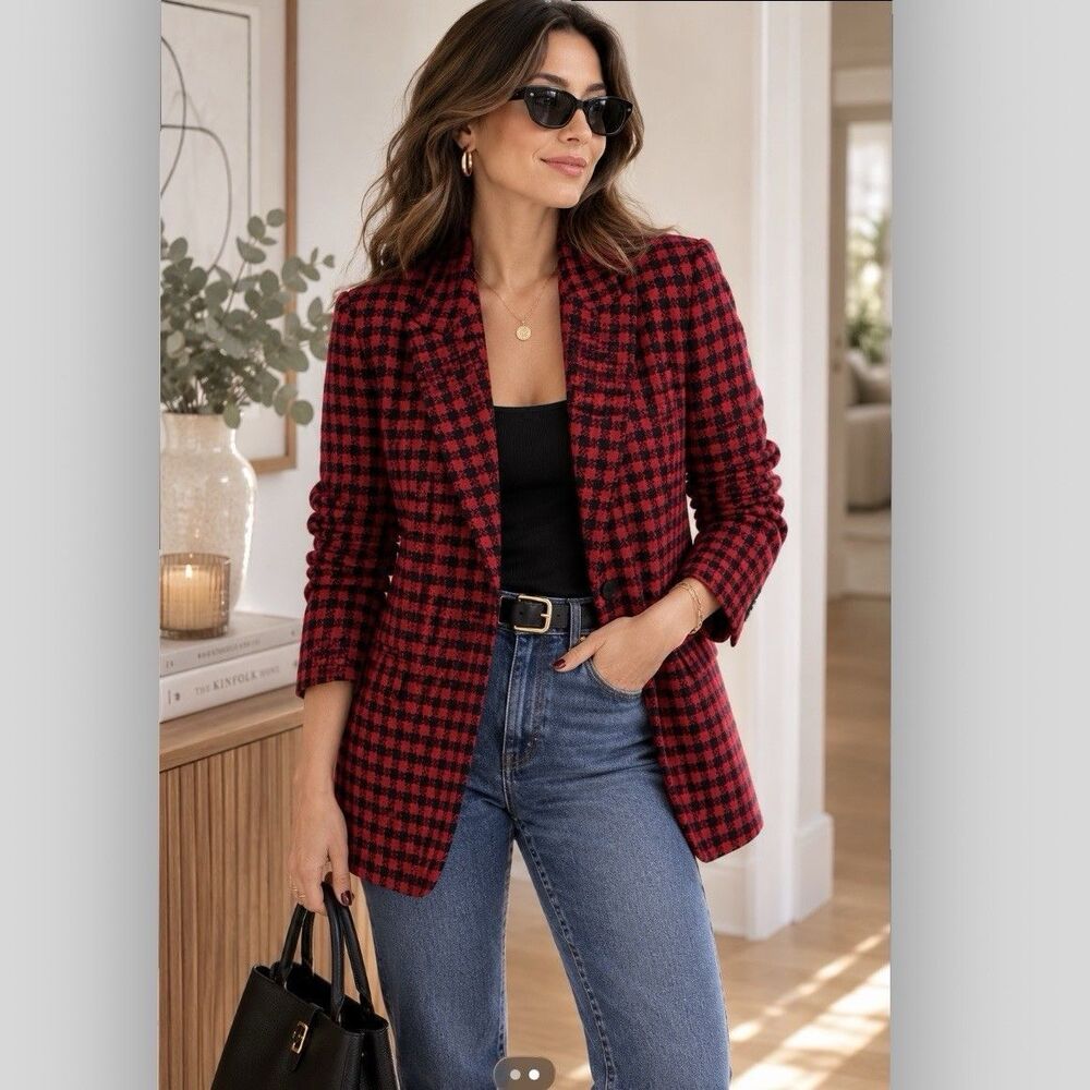 Vintage Pendleton Women’s Wool Blazer Size 12 Tall Red Black Houndstooth USA